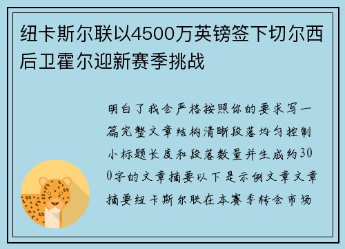 纽卡斯尔联以4500万英镑签下切尔西后卫霍尔迎新赛季挑战