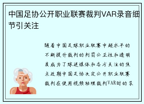 中国足协公开职业联赛裁判VAR录音细节引关注