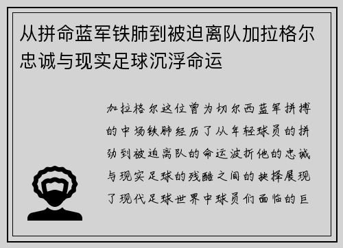 从拼命蓝军铁肺到被迫离队加拉格尔忠诚与现实足球沉浮命运